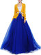 Evening Bow Belt Solid Mesh Tulle Elastic Waist Women Maxi Skirts  - Blue