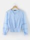 Solid Ruffle Lace Button Long Sleeve V-neck Romantic Blouse - Blue
