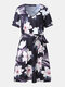 Calico Print V-neck Short Sleeve Knotted Dress for Women - Black