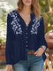 Floral Embroidery Button Long Sleeve Casual Blouse - Navy