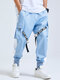 Mens Side Stripe Patchwork Ribbon Design Cuffed Cargo Pants - azul