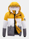Mens Letter Print Color Block Patchwork Warm Hooded Puffer Jacket With Pocket - Yellow