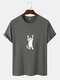 Mens Cartoon Cat Graphic Crew Neck Cotton Short Sleeve T-Shirts - Dark Gray