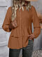 Women Ruffle Trim Button Front Plain Long Sleeve Shirt - Brown