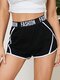 Contrast Color Letter Print Stretch Waistband Casual Shorts For Women - Black