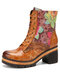 Socofy Retro Floral Print Leather Patchwork Side-zip Comfy Warm Lining Chunky Heel Short Boots - Camel