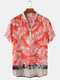 Mens Tropical Leaf Floral Print Short Sleeve Holiday Henley Shirts - Orange