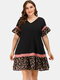 Leopard Print Patchwork Ruffle Sleeve Plus Size Dress for Women - Pink