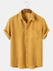 Mens Corduroy Solid Color Breathable Casual Short Sleeve Shirts - Yellow