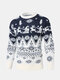 Mens Christmas Elk Snowflake Pattern Crew Neck Knit Casual Pullover Sweaters - Navy