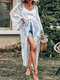 Lace See Through Butterfly Loose Tie Long Sleeve Kimono - White