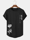 メンズローズレタープリントカーブヘム半袖Tシャツ - 黒