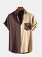 Mens Two Tone Patchwork Preppy Short Sleeve Cotton Linen Shirts - Coffee