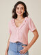 Solid Argyle Pattern Cable Ruffle Button Short Sleeve Blouse - Pink