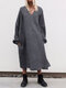 Solid Color V-neck Long Sleeve Pullover Midi Dress - Dark Gray
