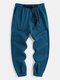 Mens Solid Color Casual Sticky Cuff Pants With Push Buckle Waist - Blue