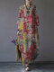 Printed O-neck Side Pockets Cotton 3/4 Sleeve Long Dress - Yellow