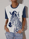 Cartoon Animal Print O-neck Short Sleeve T-shirt For Women - Blue