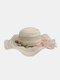 Women Flower Bowknot Decoration Wave Hat Wide Brim Sunscreen Straw Hat - Beige
