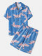Men Faux Silk Pajamas Sets Two Pieces Crane Print Luxury Chinese Style Nightwear - Blue