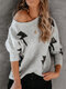 Printed O-neck Long Sleeve Casual Sweater For Women - Light Grey