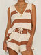 Knitting Stripe Sleeveless Loose Drawstring Suit For Women - Khaki