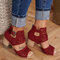 Plus Size Women Breathable Hollow Peep Toe Zipper Chunky Heel Sandals - Wine Red