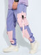 Men Contrast Colorblock Utility Multi Pocket Ribbon Street Cargo Pants - Purple