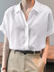 Solid Button Lapel Roll Sleeve Short Sleeve Casual Shirt - White