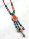 Ceramics Alloy Vintage Ethnic Long Sweater Chain Pendant Clothes Necklace - Red