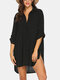 Women Solid Color Cover Up Loose Sun Protection High-Low Hem Beach Dress - Black