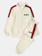 Mens Side Stripe Character Embroidery Zip Jacket Corduroy Two Pieces Outfits - Beige