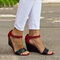 Large Size Buckle Color Block Peep Toe Slide Casual Wedges Sandals - Red