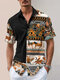 Mens Ethnic Pattern Patchwork Lapel Collar Short Sleeve Shirts - Black