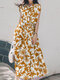 Flower Print Button Front V-neck Casual Dress With Belt - Yellow