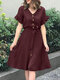 Solid Button Ruffle Sleeve V-neck Dress With Belt - Wine Red