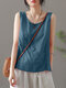Solid Fold Pleated Crew Neck Sleeveless Casual Tank Top - Blue