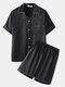 ChArmKpr Men Plain Faux Silk Pajamas Set Two Pieces Solid Color Lapel Collar Satin Sleepwear with Short Sleeve Tops - Black