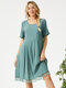 Plain Lace Patchwork Pleated Short Sleeve Casual Midi Dress With Pocket - Green