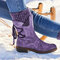 Large Size Women Winter Snow Strappy Block Heel Mid Calf Boots - Purple
