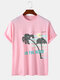 Mens Coconut Tree Striped Print Cotton Short Sleeve T-Shirts - Pink