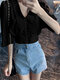 Satin Pearl Button 3/4 Sleeve Plus Size Elegant Blouse - Black