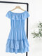 Solid Ruffle Tiered Off Shoulder Dress For Women - Blue