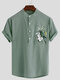 Mens Floral Bird Print Chest Pocket Cotton Henley Shirts - Green
