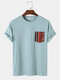 Mens Solid Color Short Sleeve T-Shirt With Ethnic Pattern Pockets - Blue