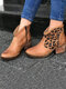 Casual Splicing Leopard Side Zipper Chunky Heel Cowboy Ankle Boots for Women - Brown
