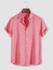 Camisas masculinas de lapela de cor pura com botões básicos de algodão manga curta - Rosa