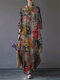 Printed O-neck Side Pockets Cotton 3/4 Sleeve Long Dress - Red