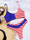 Women Stars Stripd Patchwork Bikini Amarica Flags Spaghetti Straps Swimsuit - Printed