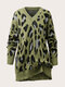Plus Size Casual Leopard Print V-neck Patchwork Sweater - Green